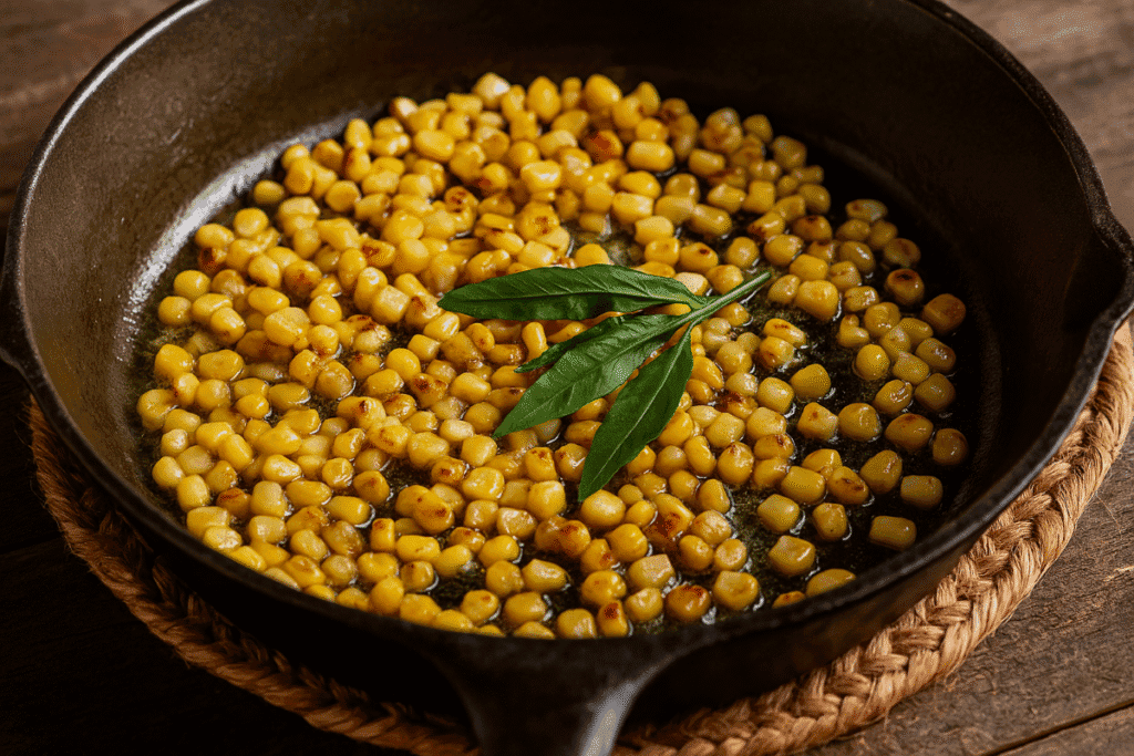 Corn kernels sizzling in butter inside a cast-iron skillet, topped with a fresh sprig of epazote, with the pan resting on a woven placemat over a rustic wooden table.