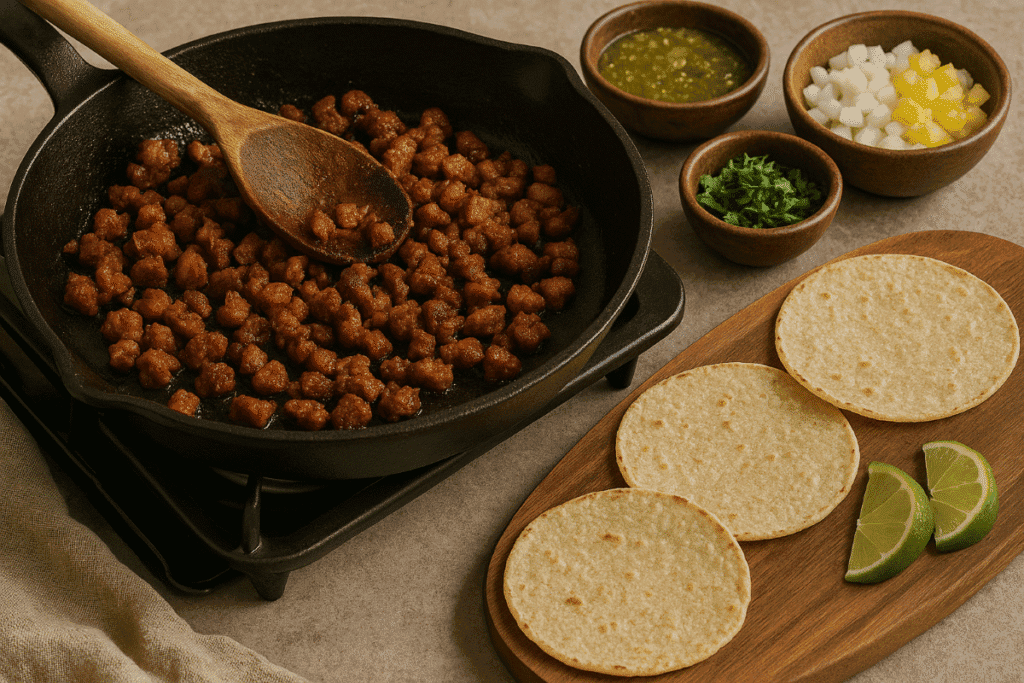 Cast iron skillet filled with sizzling marinated pork for tacos al pastor, being stirred with a rustic wooden spoon. Surrounding the pan are bowls of salsa verde, chopped onion, pineapple, and fresh cilantro. On a wooden board beside the skillet are warm corn tortillas and lime wedges, all set against a neutral, rustic countertop.