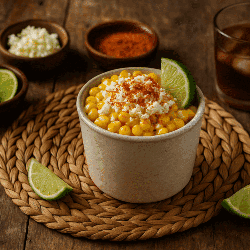 A rustic ceramic cup filled with esquites, Mexican street corn topped with crumbled cheese, chile powder, and a lime wedge, served on a woven placemat with additional lime slices, cheese, chili powder, and a glass of iced drink in the background.