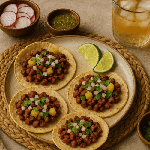 A rustic table setting with four tacos al pastor on a ceramic plate, topped with marinated pork, pineapple, onion, and cilantro. Surrounding the plate are lime wedges, a woven placemat, salsa, sliced radishes, fresh cilantro, and a glass of iced drink, all styled with warm, earthy tones.