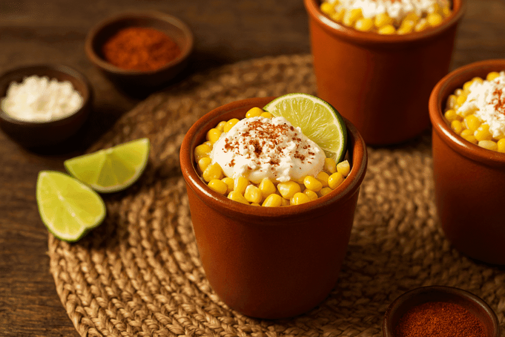 Rustic terracotta cups filled with esquites, Mexican street corn topped with creamy mayonnaise, crumbled cheese, chili powder, and lime wedges, served on a woven placemat with extra lime, cheese, and chili powder nearby.