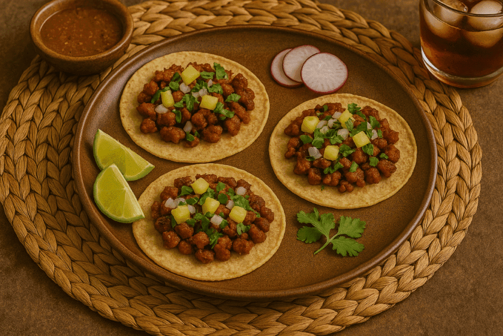 Four tacos al pastor arranged on a rustic brown ceramic plate, each topped with marinated pork, fresh cilantro, chopped onion, and pineapple. The plate is garnished with lime wedges, sliced radishes, and accompanied by a bowl of salsa and a glass of iced drink, all set on a woven placemat with earthy tones.
