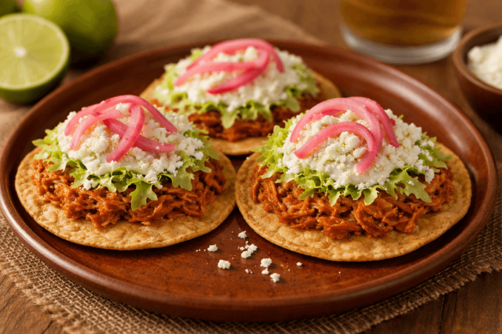 Tostadas de tinga topped with shredded chipotle chicken, lettuce, crema, queso fresco, and pickled red onions on a rustic plate