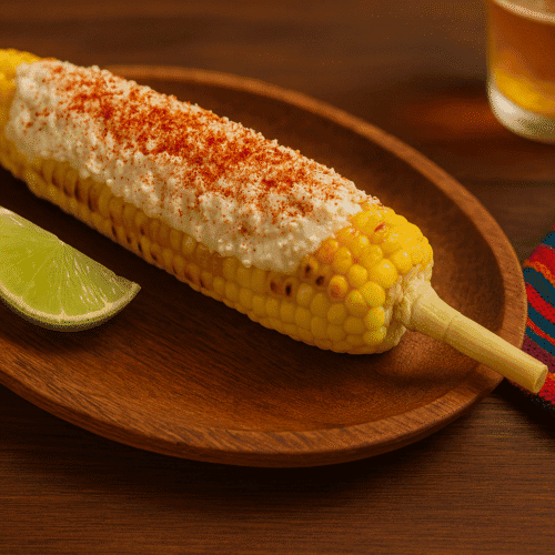 Elote con todo — grilled Mexican street corn on a wooden plate, coated with mayo, crema, cotija cheese, and chile powder, served with a lime wedge and beer in the background.