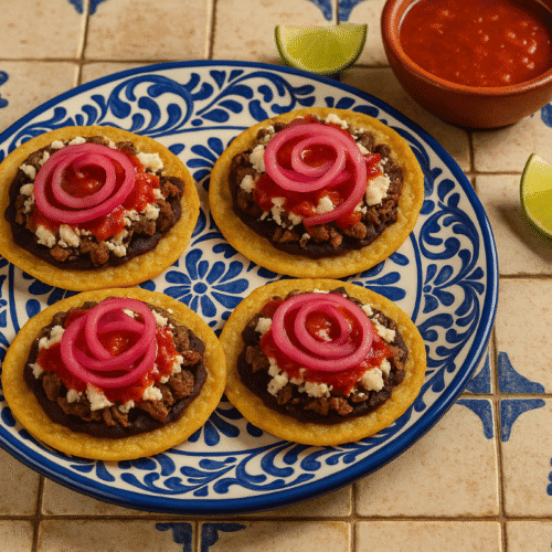 Featured image of Garnachas Istmeñas, four mini fried tortillas from Oaxaca stacked on a rustic plate with beans, beef, salsa, queso fresco, and bright pickled red onions, served over a traditional Talavera tile background