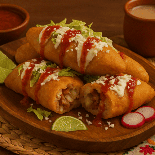 Molotes poblanos recipe — golden fried masa torpedoes stacked on a rustic wooden cutting board, one broken open to reveal potato and chorizo filling, topped with messy crema, salsa roja, lettuce, and cotija, served with lime wedges and radishes, with a clay mug of atole and salsa bowl in the background.