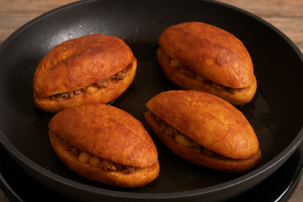 Freshly dipped pambazos sizzle on a cast iron comal, their guajillo chile-stained bread developing a crisp red crust as they cook.