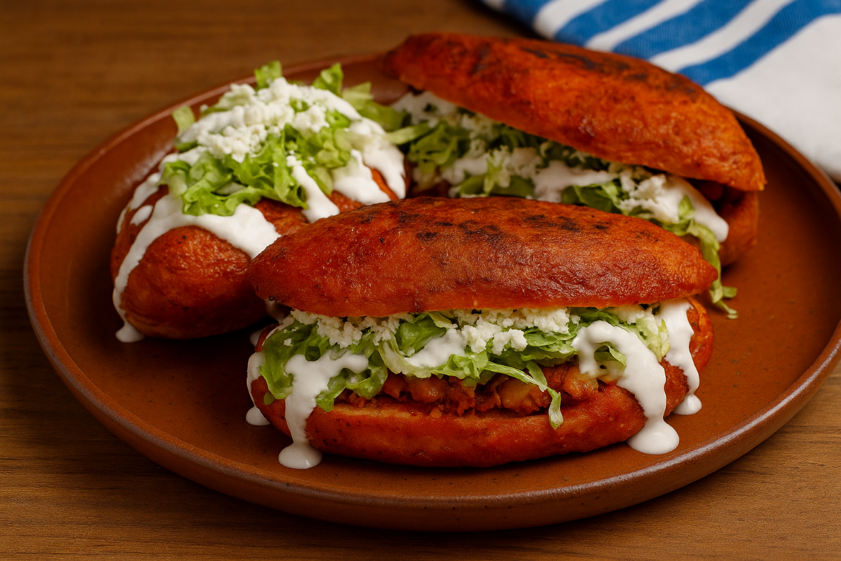A vibrant, high-resolution photograph showcases pambazos on a rustic clay plate, drenched in guajillo chile sauce, stuffed with chorizo and potatoes, and topped with shredded lettuce, crema, queso fresco, and salsa.