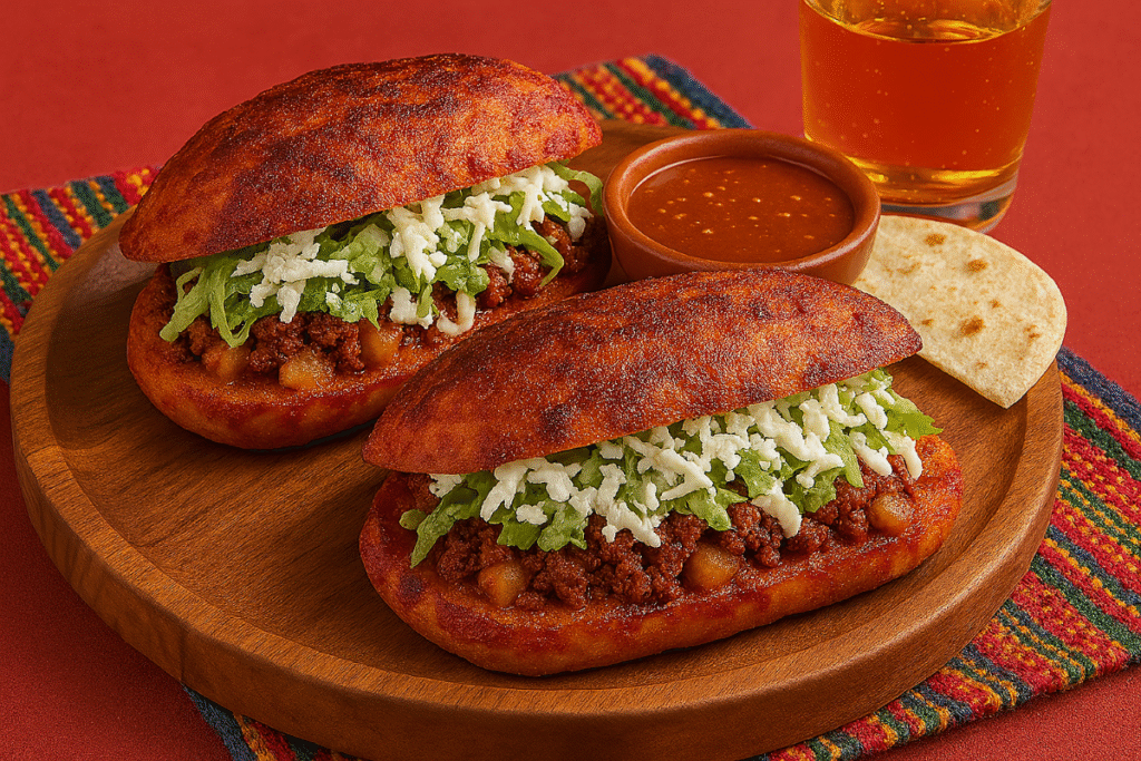 Two vibrant Mexican pambazo sandwiches filled with chorizo and potatoes, topped with lettuce and queso fresco, served on a wooden board with salsa, a tortilla, and a drink, over a colorful woven placemat.