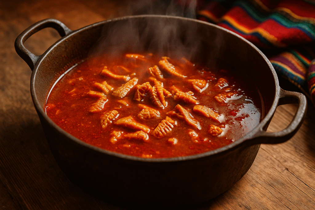 Rustic clay pot filled with simmering Menudo Rojo in rich red chile broth, steam rising as beef tripe, onions, and garlic cook together. The pot rests on a wooden table surrounded by colorful Mexican textiles in warm natural light.