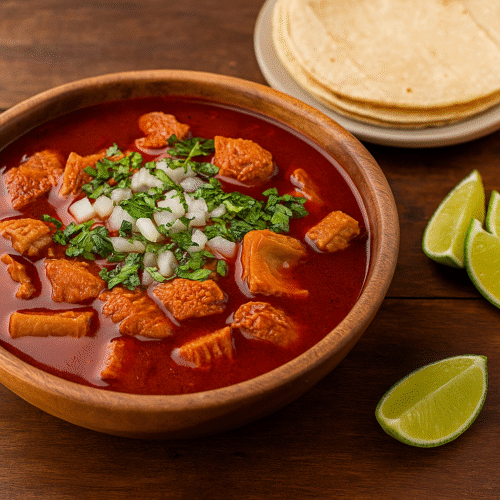 A rustic wooden bowl filled with Menudo Rojo — tender honeycomb tripe in a rich red chile broth — surrounded by lime wedges, chopped onions, cilantro, warm tortillas, and an orange soda on a wooden table bathed in warm light.