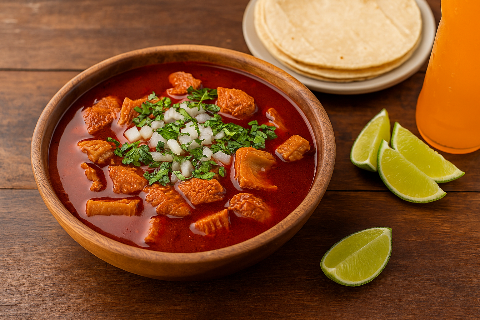 A rustic wooden bowl filled with Menudo Rojo — tender honeycomb tripe in a rich red chile broth — surrounded by lime wedges, chopped onions, cilantro, warm tortillas, and an orange soda on a wooden table bathed in warm light.