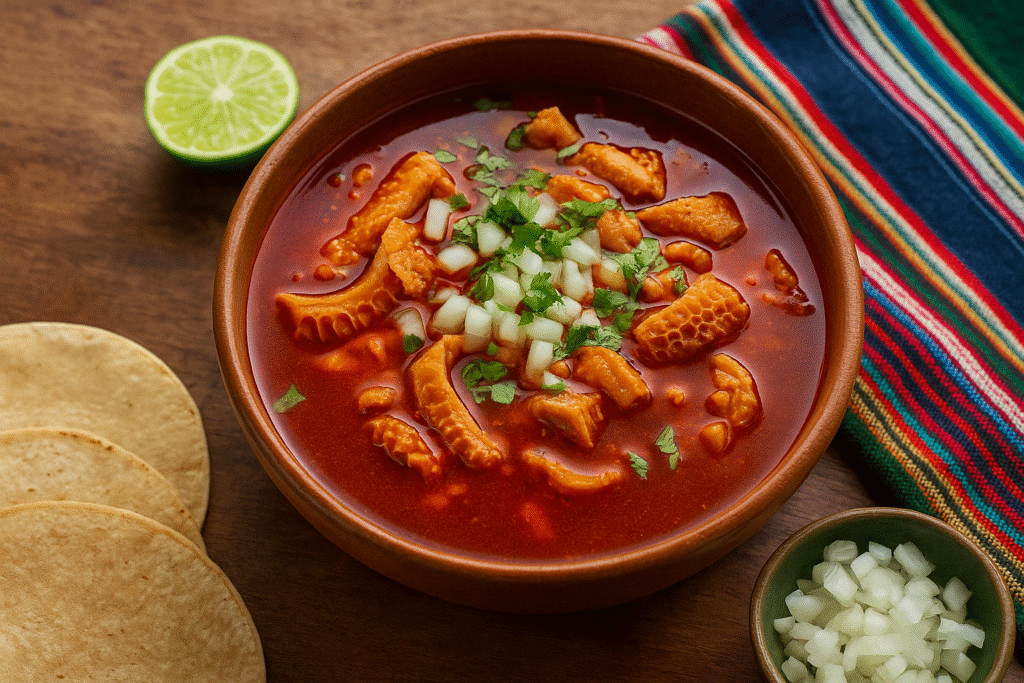 A rustic bowl of Menudo Rojo filled with rich red chile broth, tender beef tripe, and fresh toppings like onions, cilantro, and lime wedges, served with warm tortillas on a wooden table.