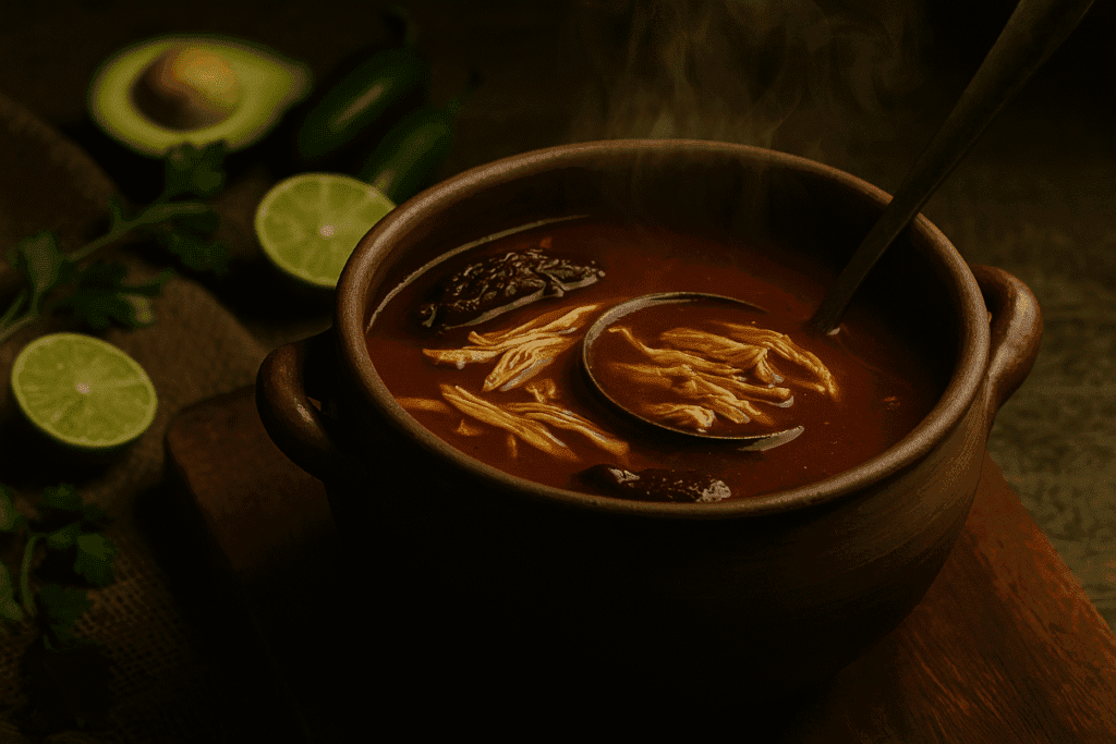 A rustic Mexican clay pot simmering Caldo Tlapeño, a smoky chipotle chicken soup with visible shredded chicken and chiles. Steam rises from the red broth as fresh jalapeños, avocado, and lime rest nearby on a wooden counter under warm natural light.