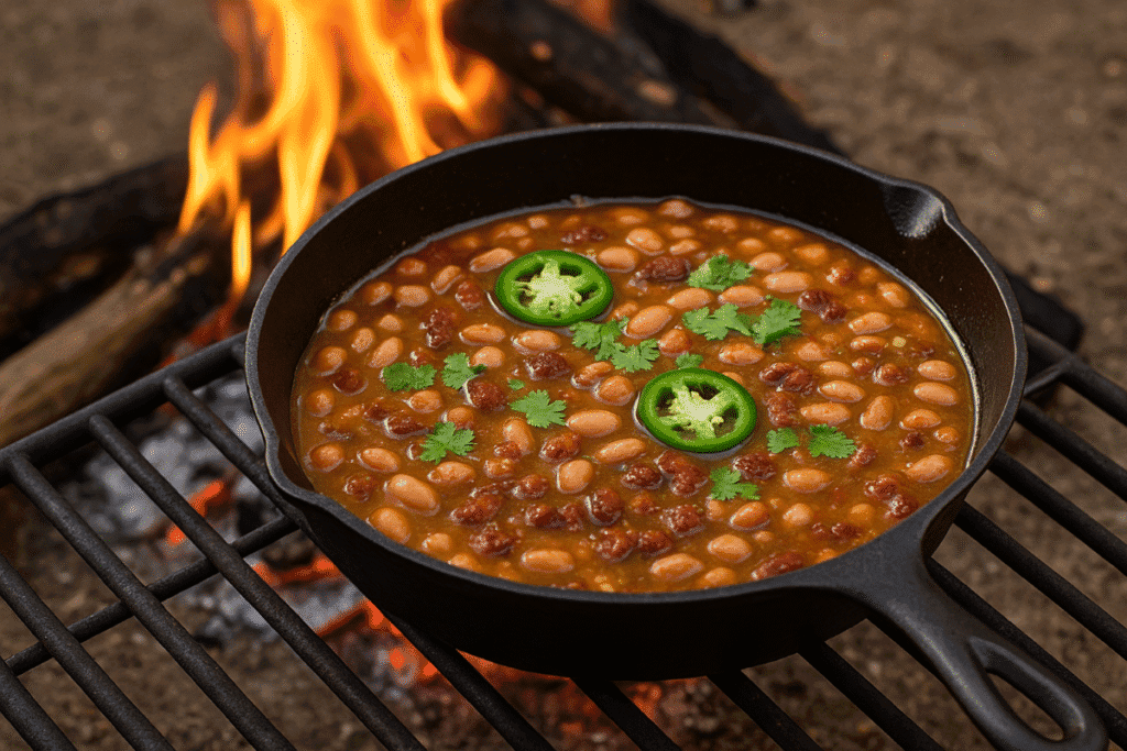 Frijoles Charros simmering in a black cast-iron skillet over an open flame on a grill, with jalapeños and cilantro.