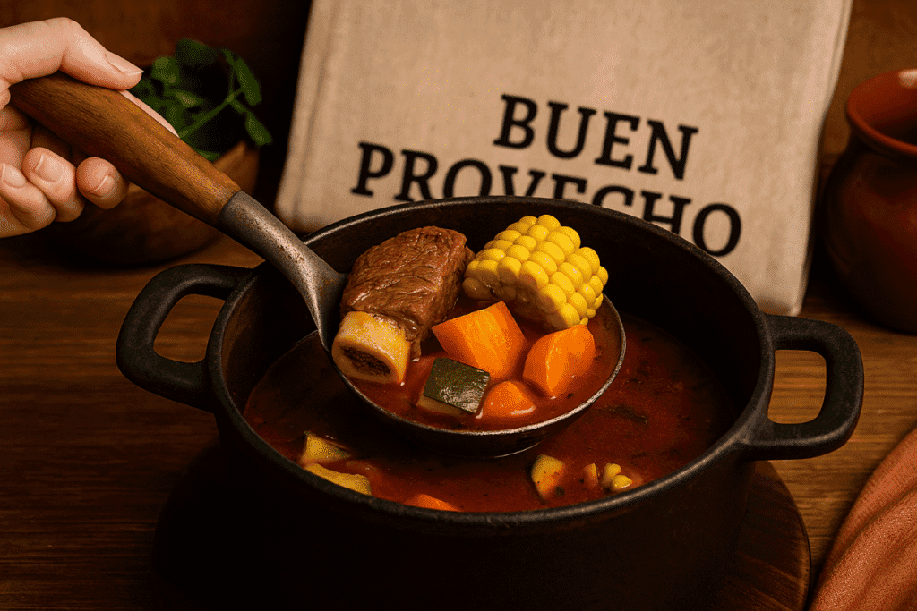 Ladle lifting bone-in beef, corn, carrots, and squash from a rustic pot of Mole de Olla simmering in a deep red chile broth, with a “Buen Provecho” towel in the background.