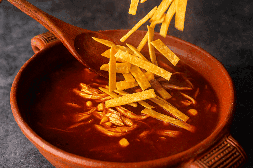 Tortilla strips being added to a simmering pot of Sopa Azteca in a rustic clay bowl filled with shredded chicken and rich red chile broth.