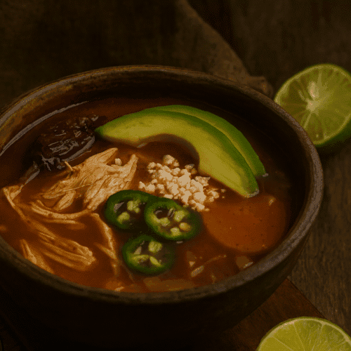 A rustic clay bowl filled with Caldo Tlapeño, a smoky chipotle chicken soup from Puebla, topped with shredded chicken, avocado slices, jalapeño rounds, crumbled cheese, and a slice of lime on a wooden table.