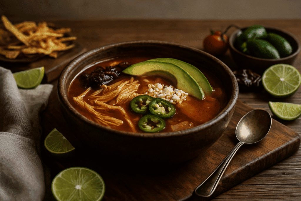 A rustic clay bowl of Caldo Tlapeño, Puebla’s smoky chipotle chicken soup, topped with shredded chicken, sliced avocado, jalapeños, and crumbled cheese, served with a lime wedge on a wooden table under warm natural lighting.