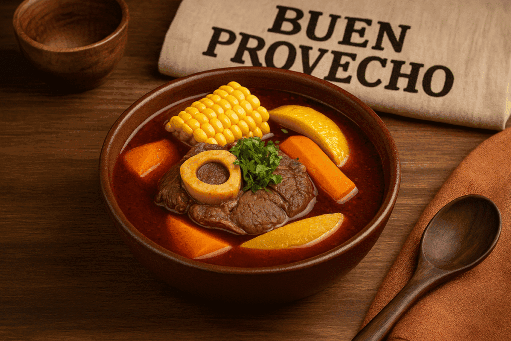 Rustic bowl of Mole de Olla with bone-in beef shank, corn, squash, and carrots in a rich red chile broth, garnished with cilantro and served with a wooden spoon.