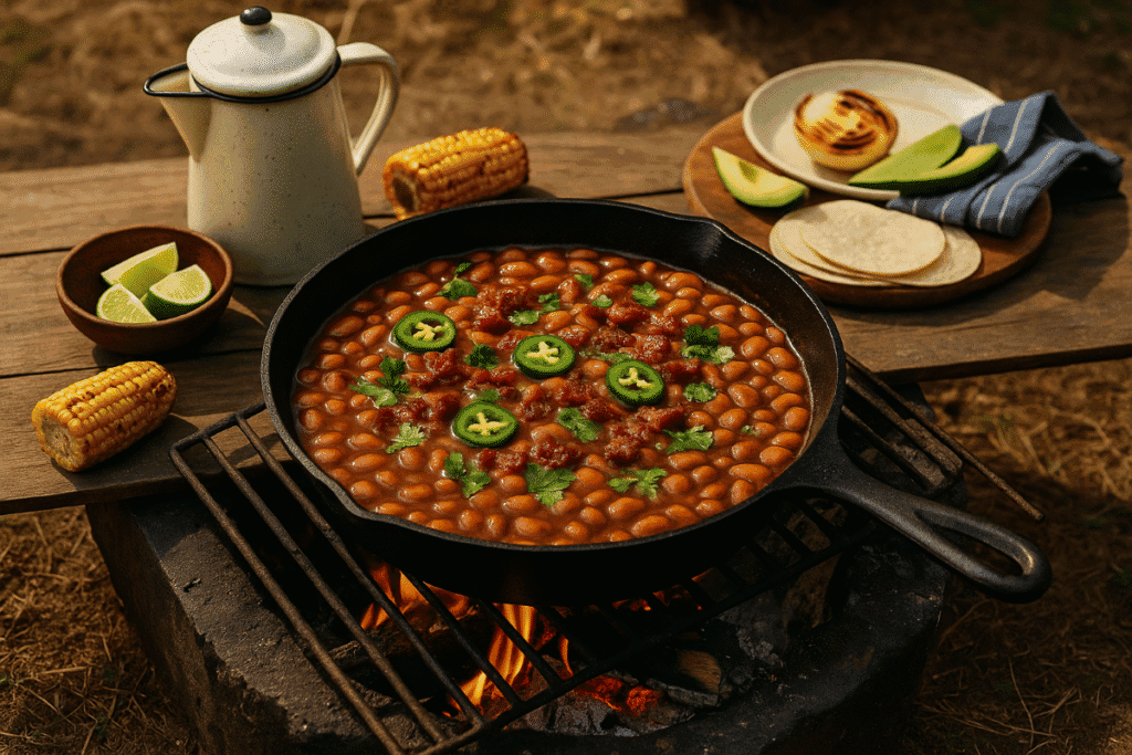 Frijoles Charros simmering in a cast-iron skillet over a fire outdoors, served with grilled corn, lime wedges, avocado, charred onions, and tortillas on a rustic table.