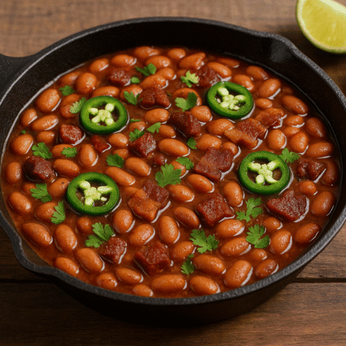 Frijoles Charros served in a black cast-iron skillet on a rustic wooden table, topped with jalapeño slices, cilantro, and bacon, with corn tortillas on the side.