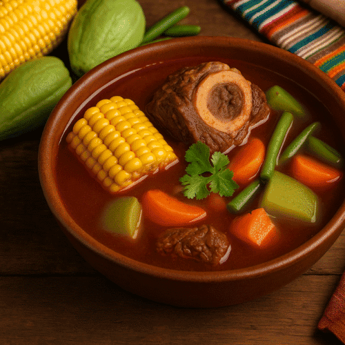 Rustic bowl of Mole de Olla with bone-in beef shank, corn, carrots, chayote, and cabbage in a rich red chile broth, served with fresh cilantro and lime on a wooden table.