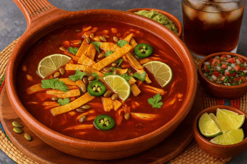 Sopa Azteca served in a terracotta bowl, topped with crispy tortilla strips, lime wedges, jalapeño slices, cilantro, and pepitas, plated on a colorful woven mat with sides of pico de gallo, lime, and a cold drink.