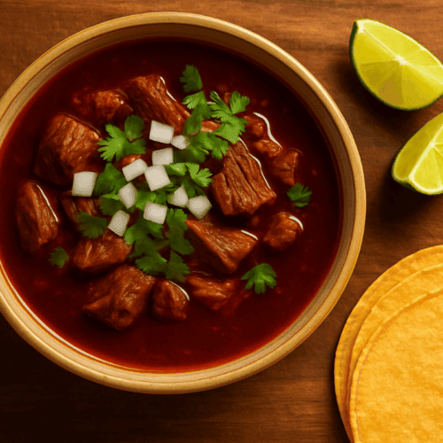 Overhead view of a bowl of Birria de Res with tender beef in red chile consommé, topped with diced onion and cilantro, with lime wedges and corn tortillas on a wooden cutting board.