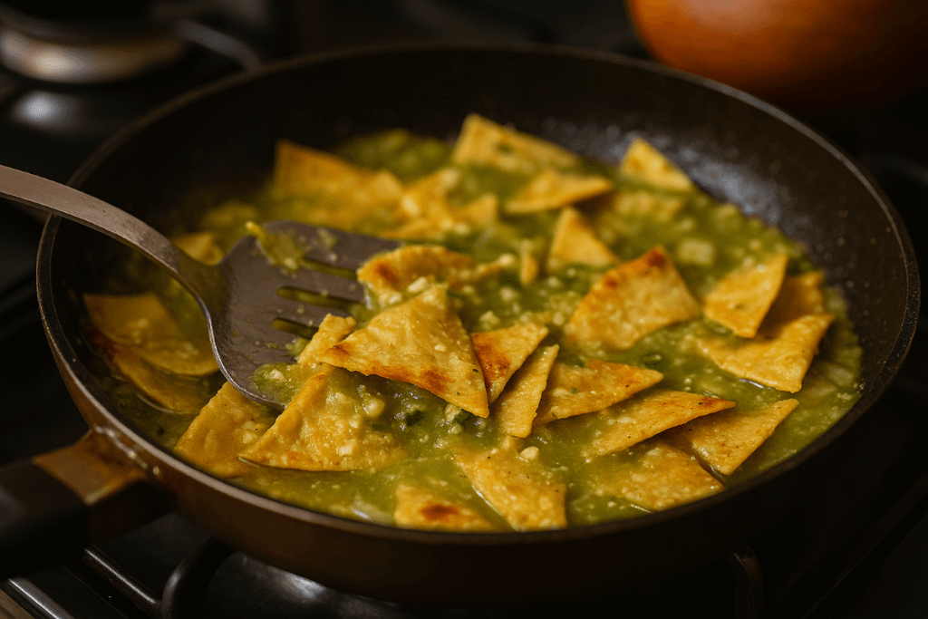 Close-up view of Chilaquiles Verdes simmering in a pan with tomatillo salsa, lightly fried tortilla chips, and fresh cilantro during the cooking process.
