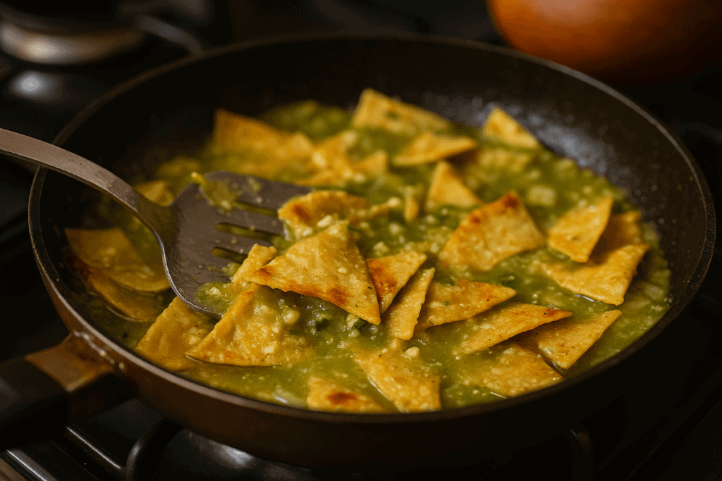 Chilaquiles verdes cooking in skillet with crispy tortilla chips and green salsa.