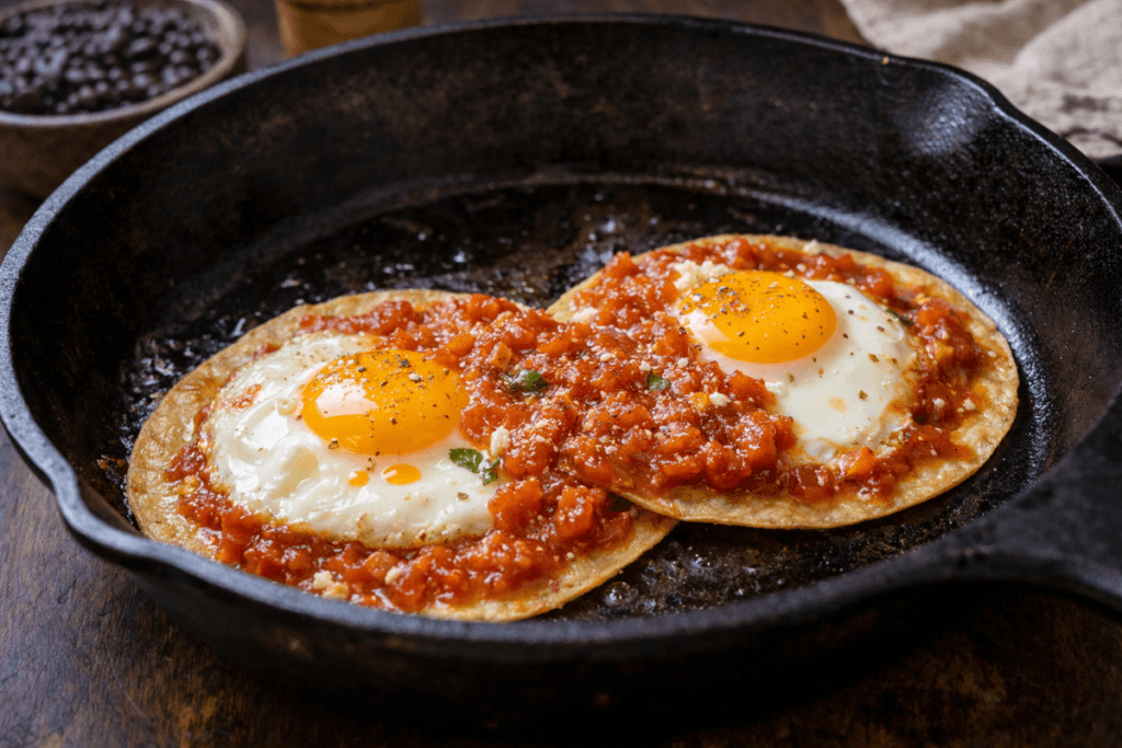 Huevos rancheros cooking in a cast iron skillet with sunny-side-up eggs, corn tortillas, and warm red salsa