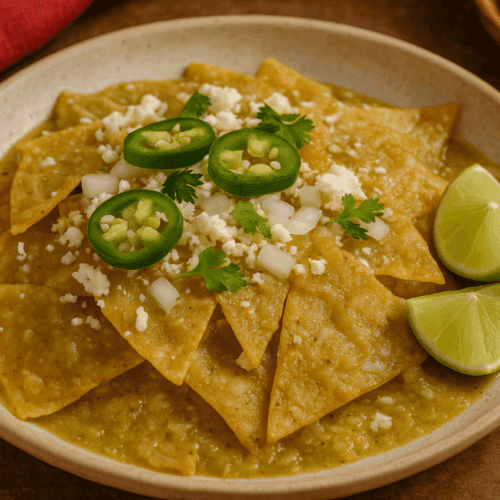 Chilaquiles verdes served on a rustic beige plate, topped with sliced jalapeños, crumbled cheese, diced onions, and cilantro with lime wedges on the side.