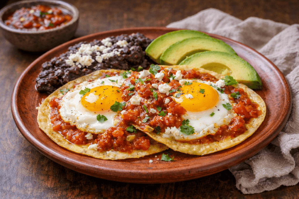 Plated huevos rancheros viewed from a slight overhead angle with sunny-side-up eggs, corn tortillas, roasted tomato salsa, black beans, and avocado
