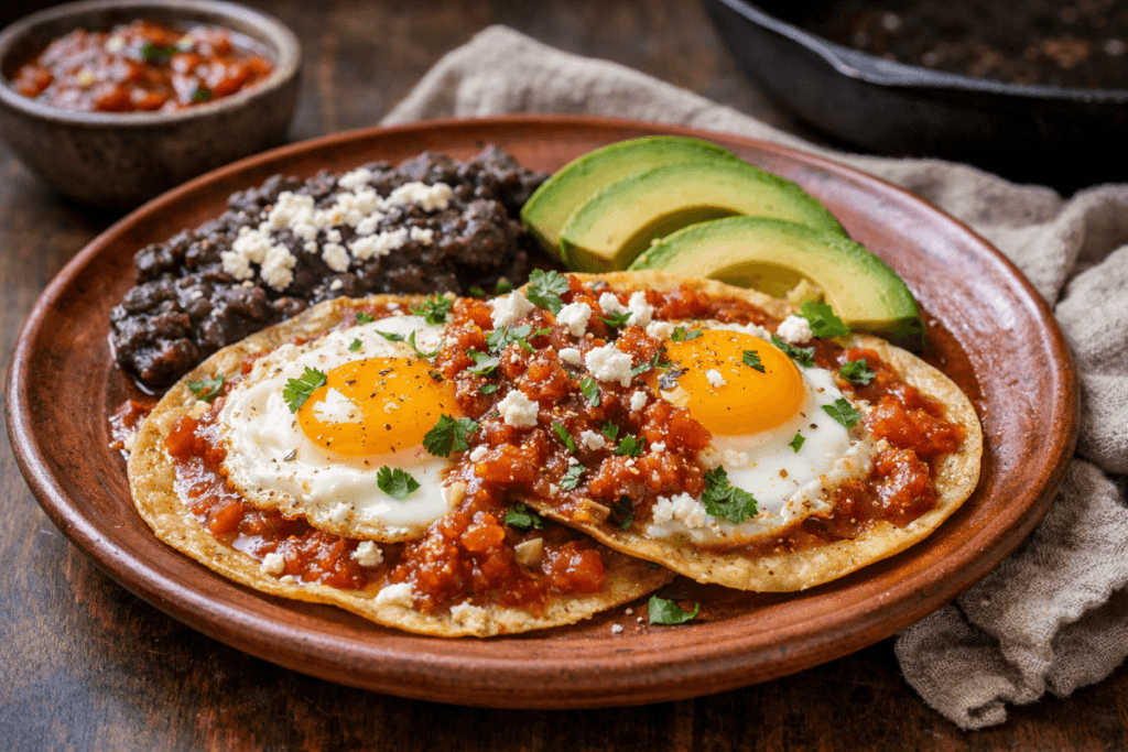 Huevos rancheros with fried eggs, tortillas, beans, and salsa on plate.