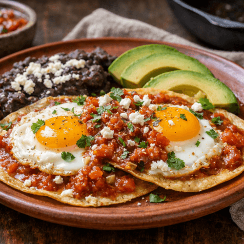 Huevos rancheros with sunny-side-up eggs, crispy corn tortillas, warm beans, and roasted tomato salsa