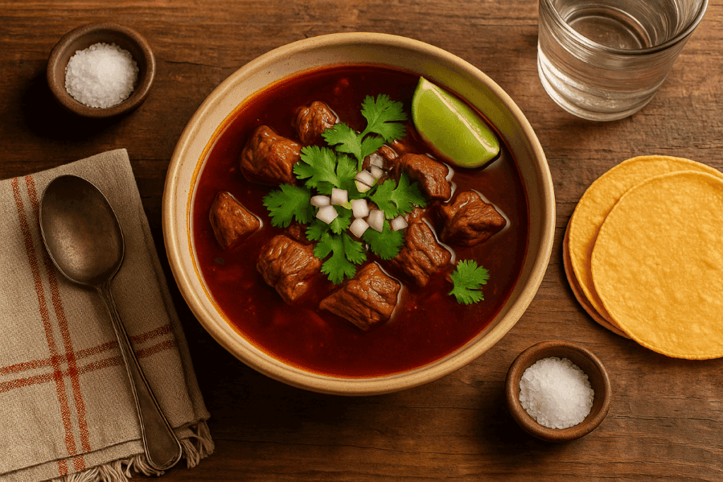 Overhead view of a rustic bowl of Birria de Res in red chile consommé, garnished with cilantro, diced onion, and a lime wedge, set on a worn wooden table with corn tortillas, a vintage spoon on a striped cloth napkin, a small bowl of salt, and a glass of water.