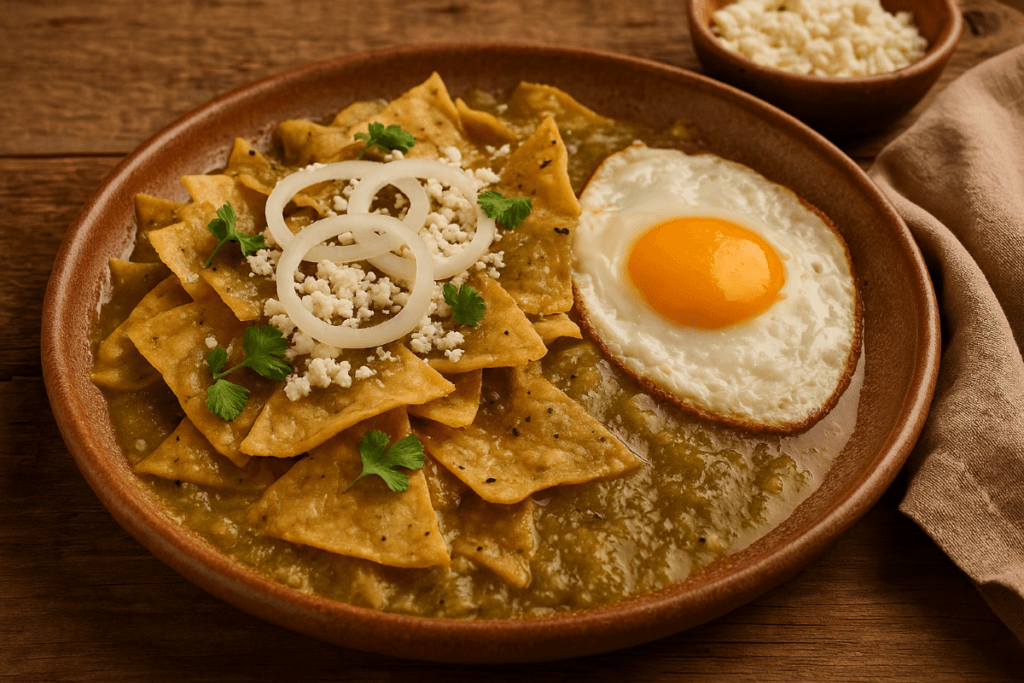 Chilaquiles verdes served in a rustic ceramic bowl, topped with jalapeño slices, crumbled cheese, onions, cilantro, and lime wedges on a warm brown tabletop.