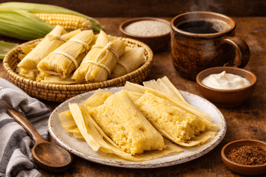 Tamales de elote unwrapped and served on plate with soft sweet corn texture