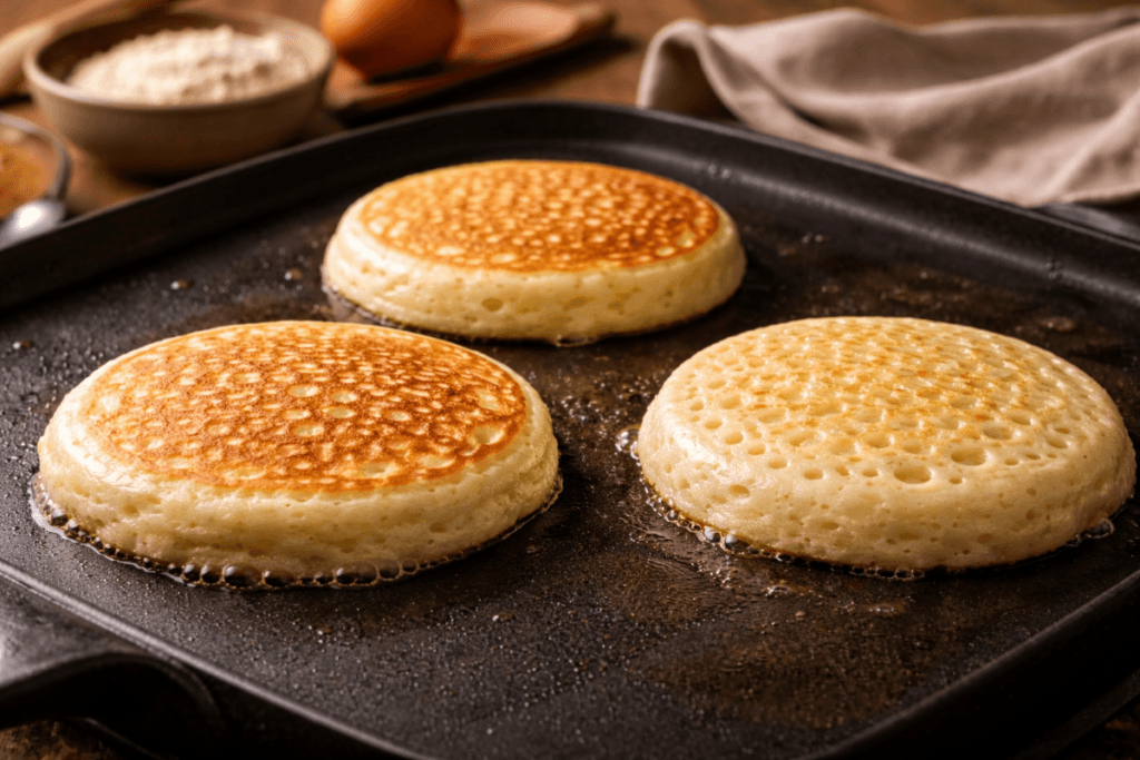 Hot cakes mexicanos cooking on a griddle as bubbles form and the pancakes turn golden.