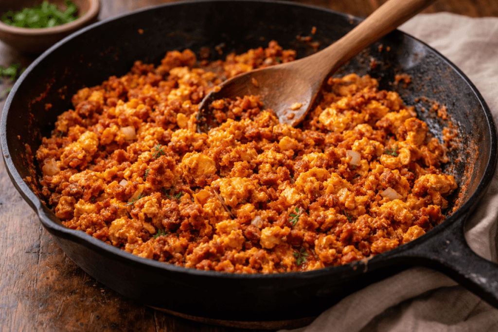 Chorizo and eggs cooking together in skillet for Mexican breakfast.