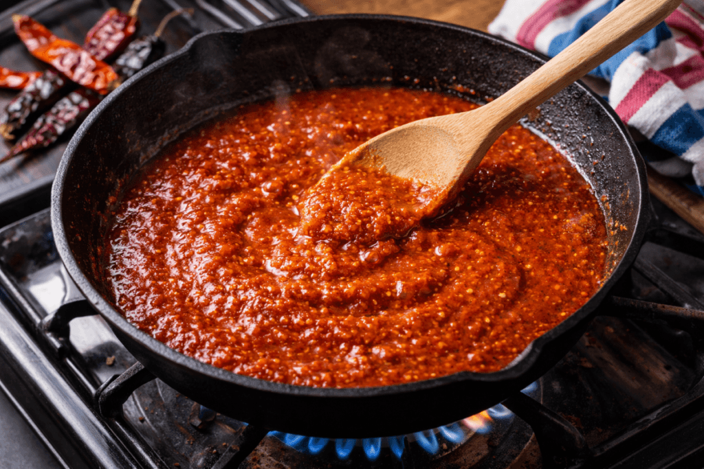 Salsa roja taquera simmering in a cast iron skillet with a wooden spoon, showing a thick, deep red street-style taco sauce made from toasted dried chiles.