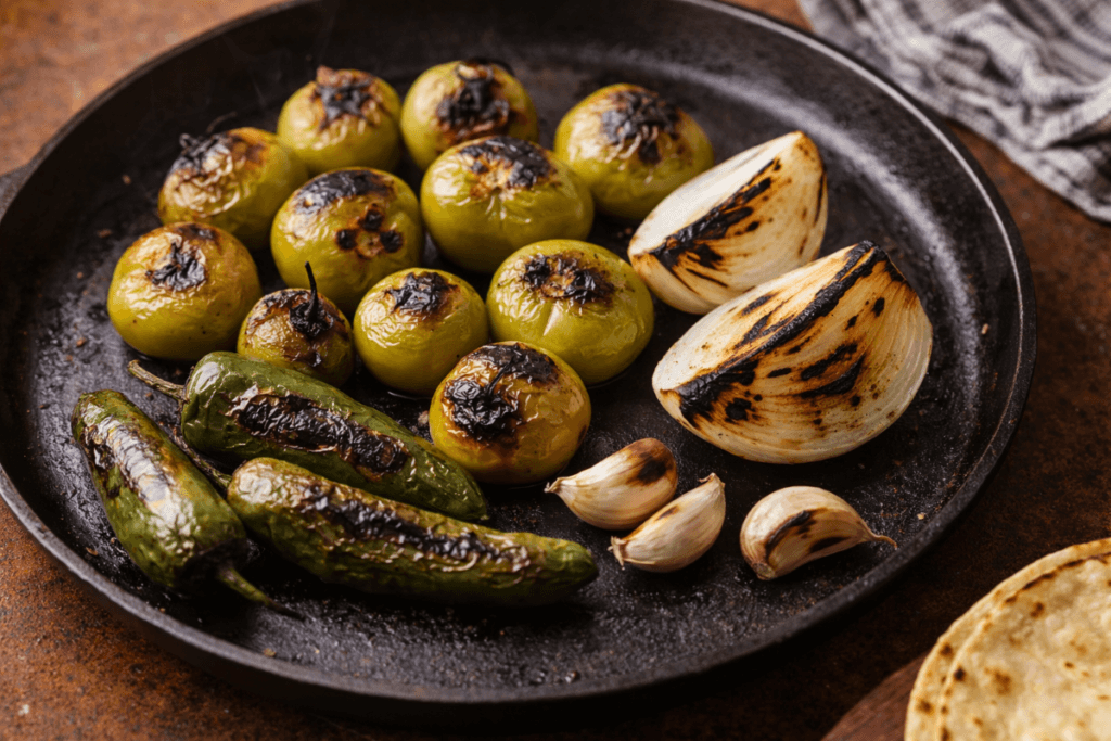 Roasted tomatillos, jalapeños, onion, and garlic charring in a cast iron skillet for salsa verde asada.