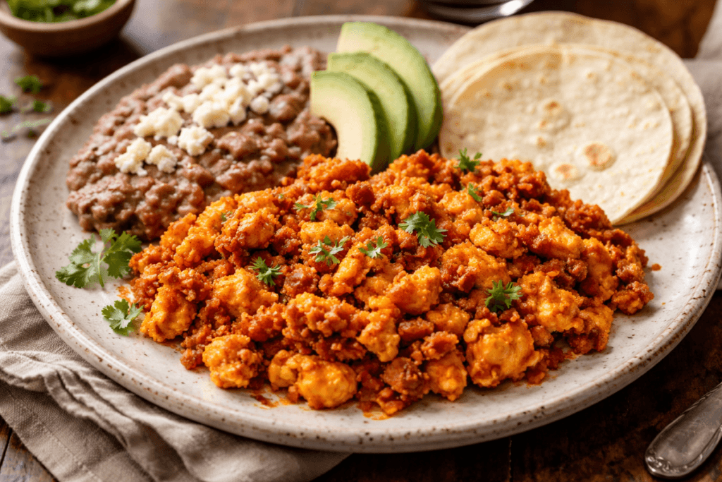 Huevos con chorizo served with beans, avocado, and tortillas.