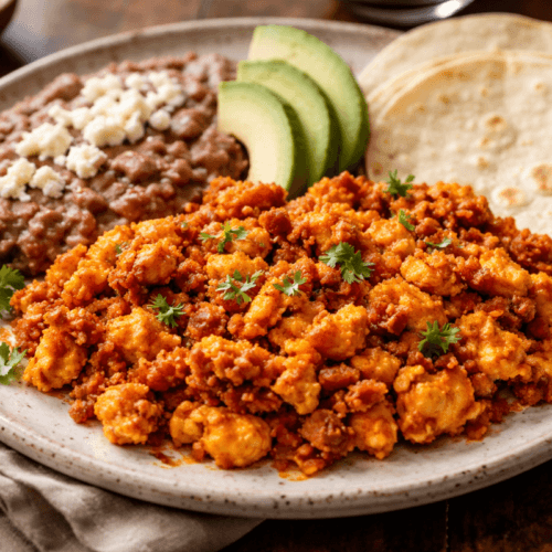 Huevos con chorizo served with refried beans, sliced avocado, and warm tortillas on a rustic plate