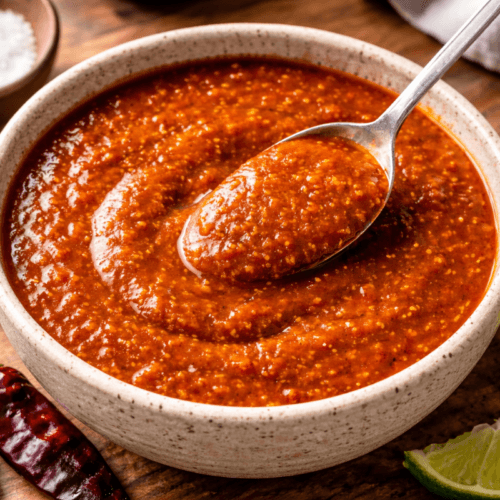 Bowl of salsa roja taquera with a spoon lifting the smooth, smoky red salsa, surrounded by dried chiles and lime wedges on a rustic wooden surface.