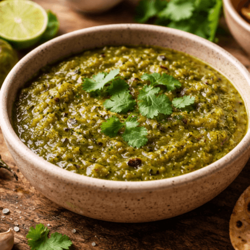 Rustic bowl of salsa verde asada made with roasted tomatillos, jalapeños, and cilantro on a wooden table, served with warm tortillas.