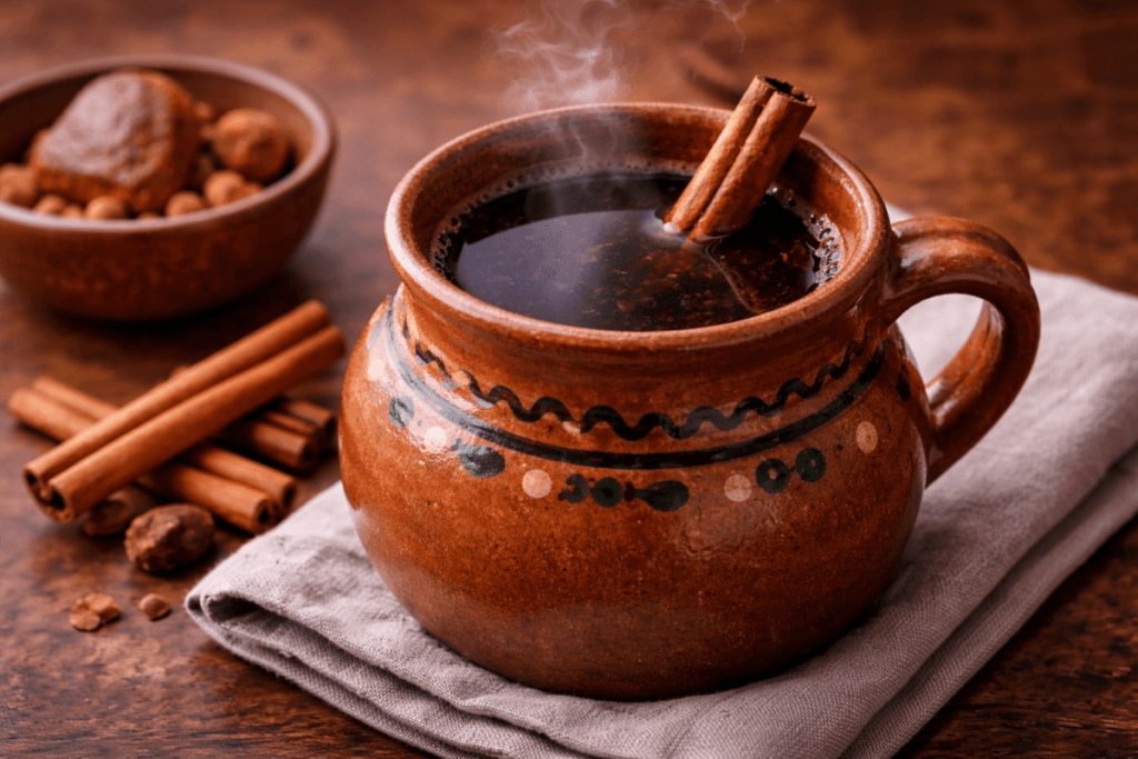 Traditional café de olla served in a rustic clay mug with cinnamon sticks, gently steaming on a wooden table.