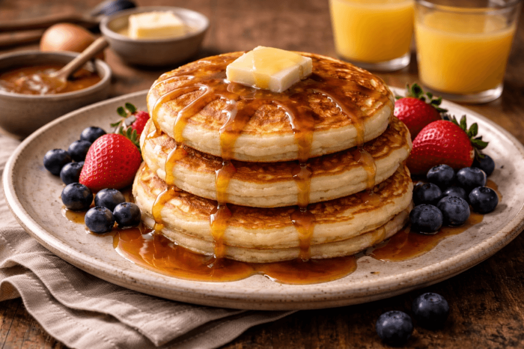 Hot cakes mexicanos stacked high and topped with butter and warm cajeta, served with fresh berries on a rustic plate