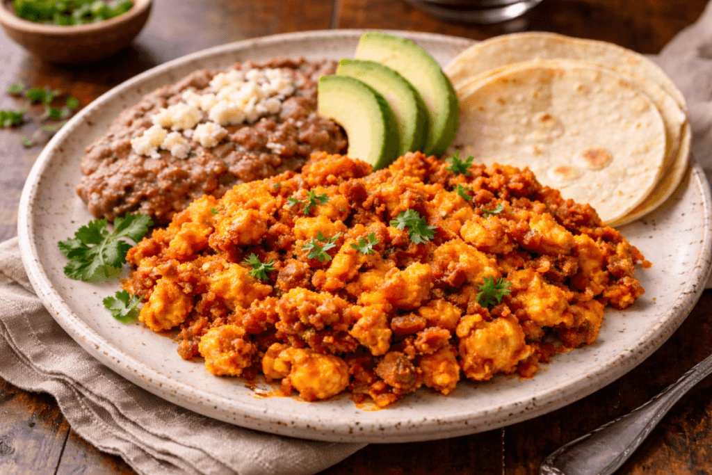 Huevos con chorizo plated with refried beans, sliced avocado, and warm corn tortillas on a rustic ceramic plate